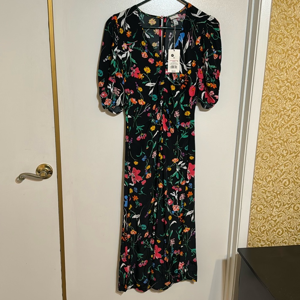 New A New Day Black Floral Dress Size XS Puffy Half Sleeve Midi Side Zipper